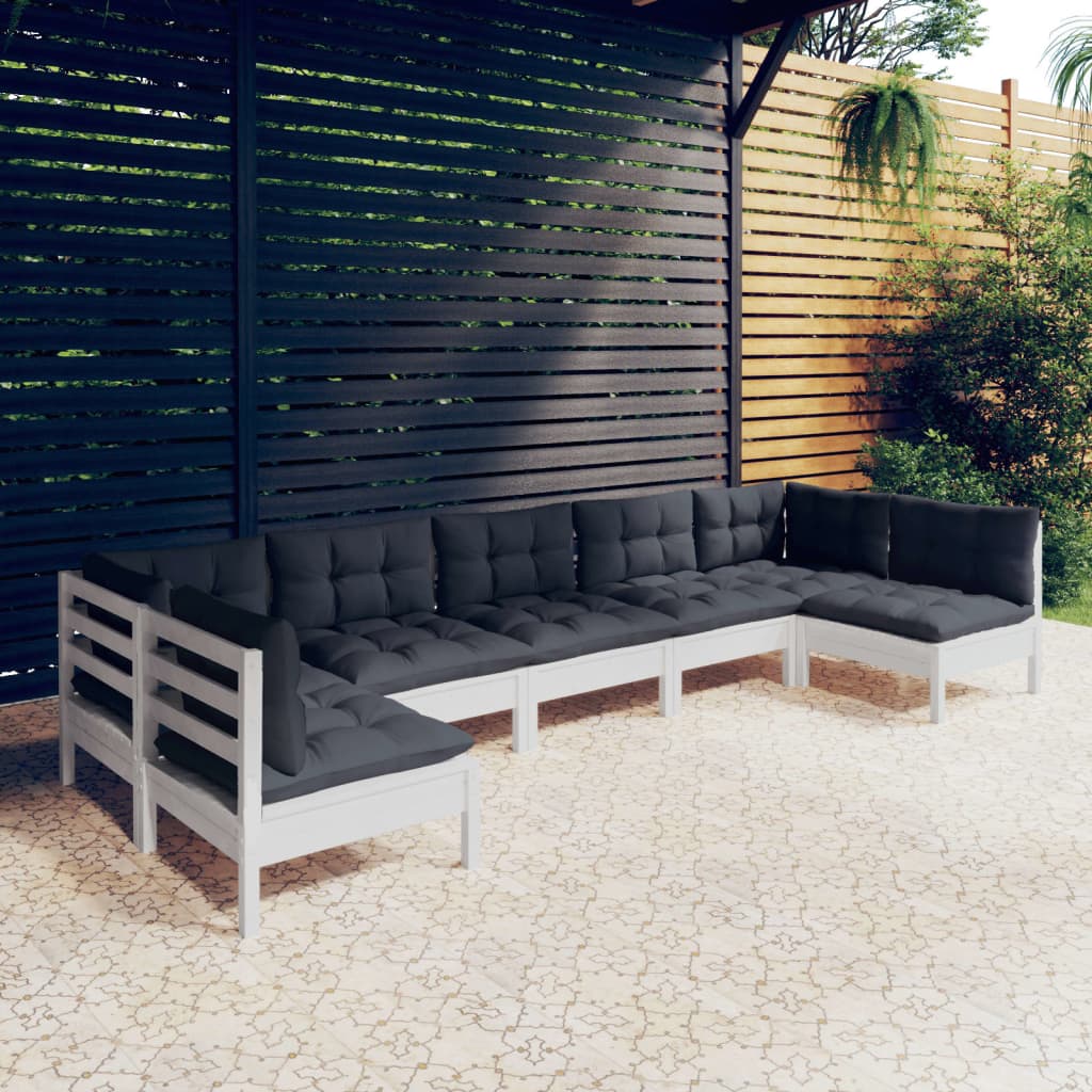 7-tlg. Garten-Lounge-Set mit Kissen Weiss Kiefer Massivholz